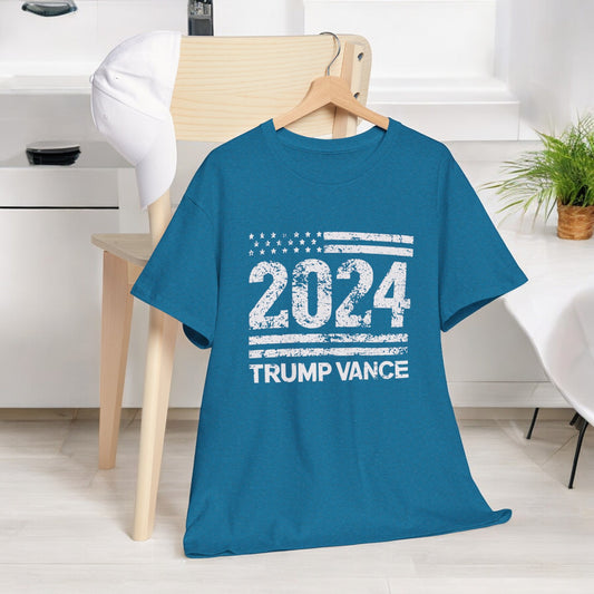 Patriotic Trump Vance 2024 t-shirt with rustic American flag design