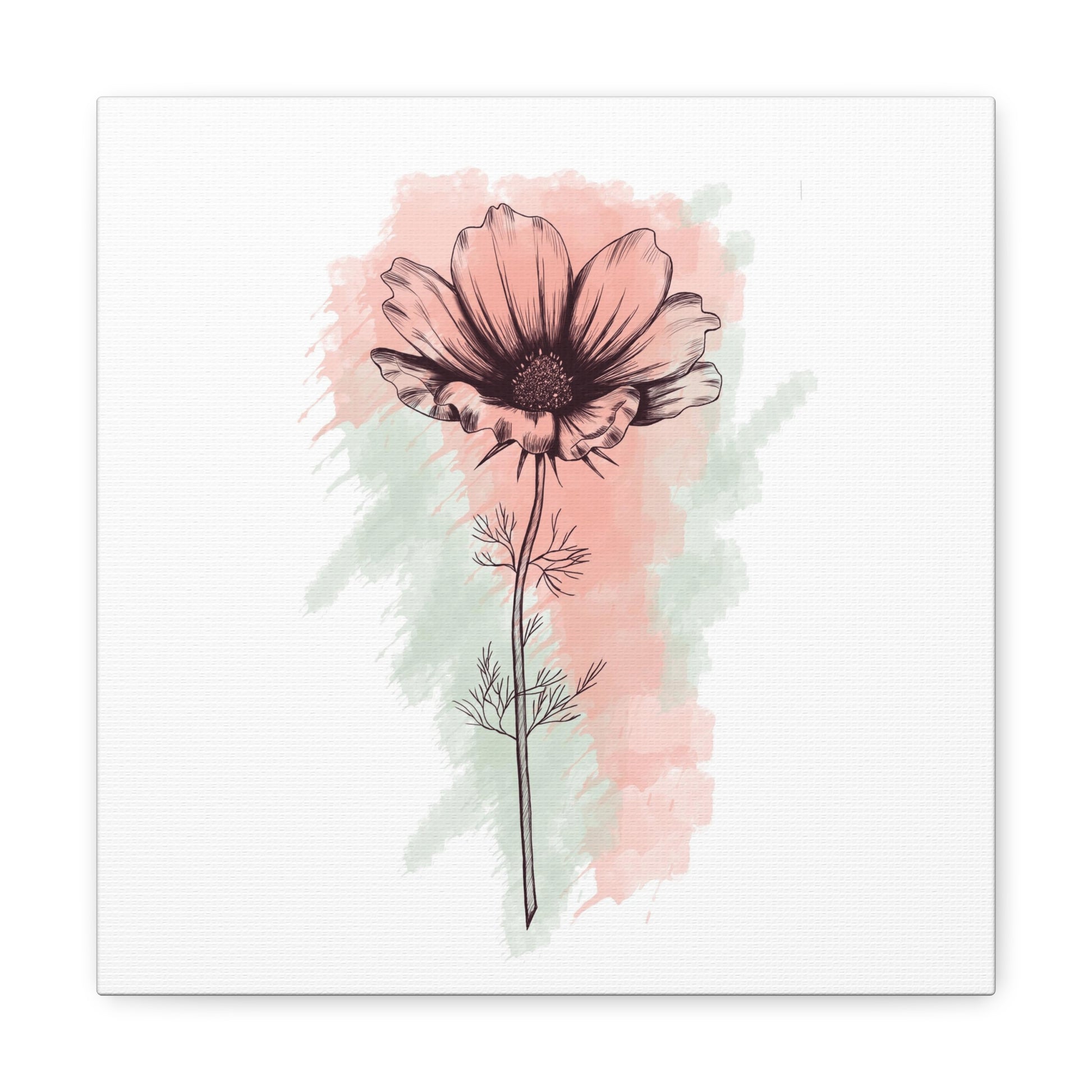 Modern pink and white floral canvas art with bright white background
