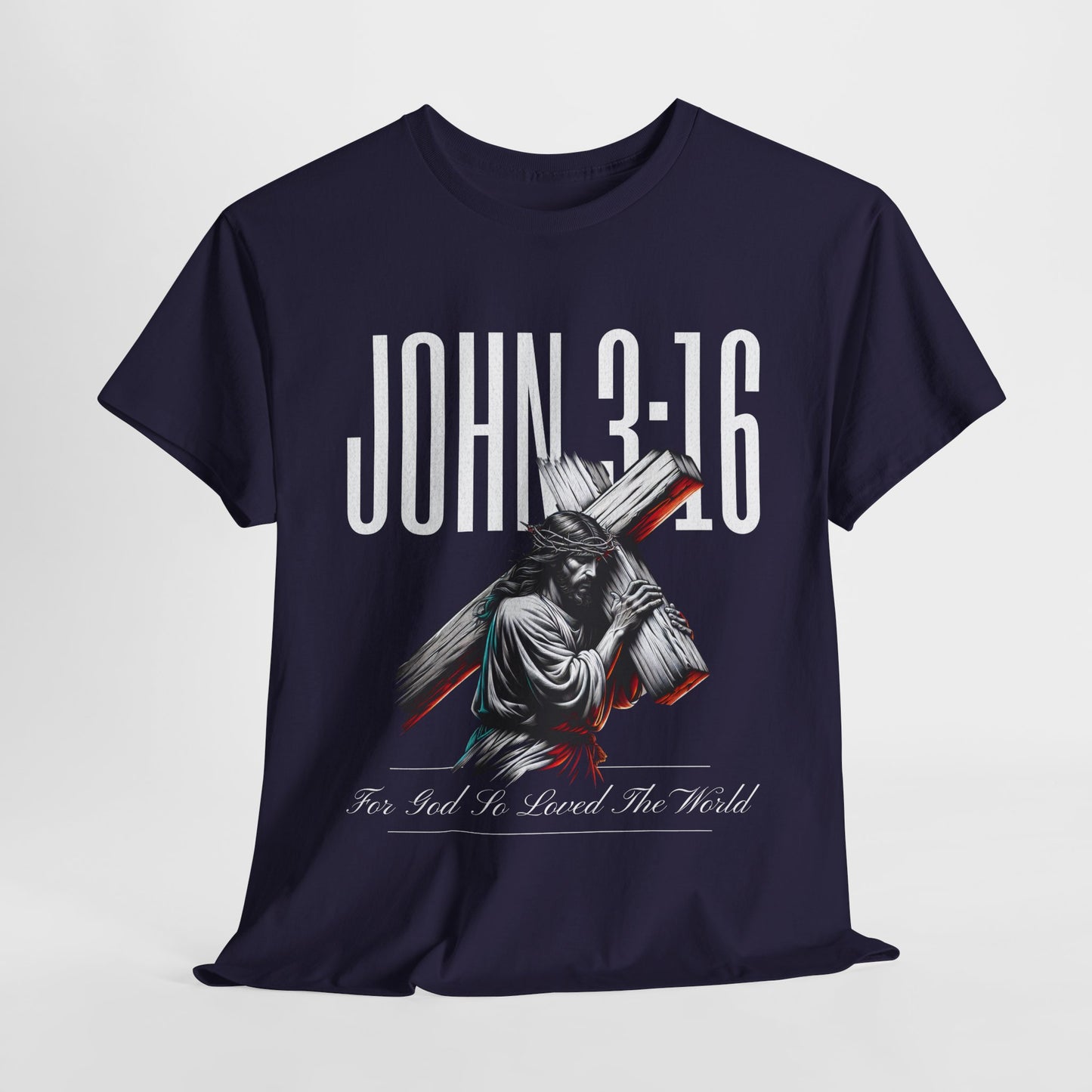 Faith-filled shirt featuring 3D Jesus carrying the cross and scripture
