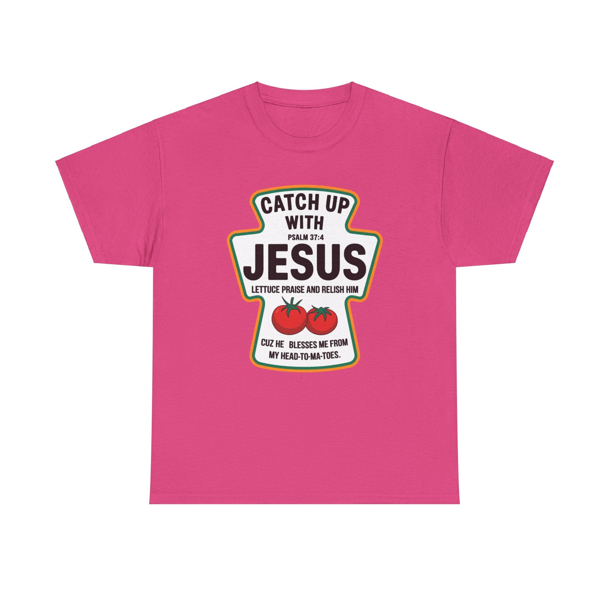 Religious humor t-shirt with tomato and ketchup theme
