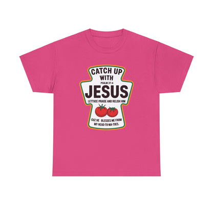 Religious humor t-shirt with tomato and ketchup theme
