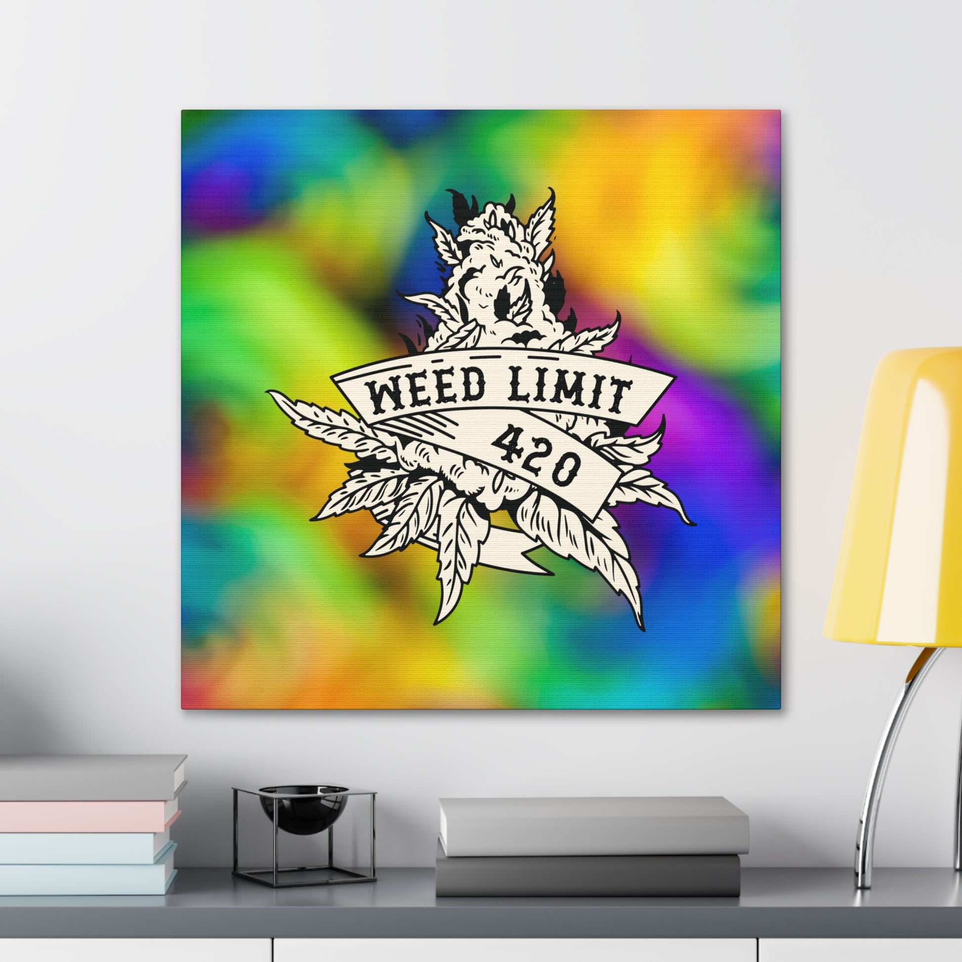 Weed Limit 4:20 canvas with bold trippy colors.
