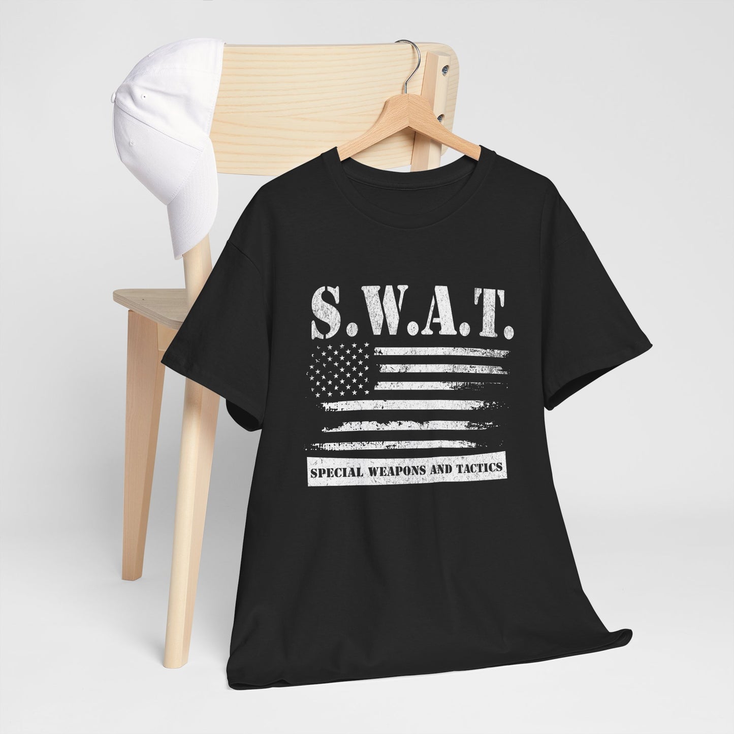 Rustic American flag SWAT shirt with bold text
