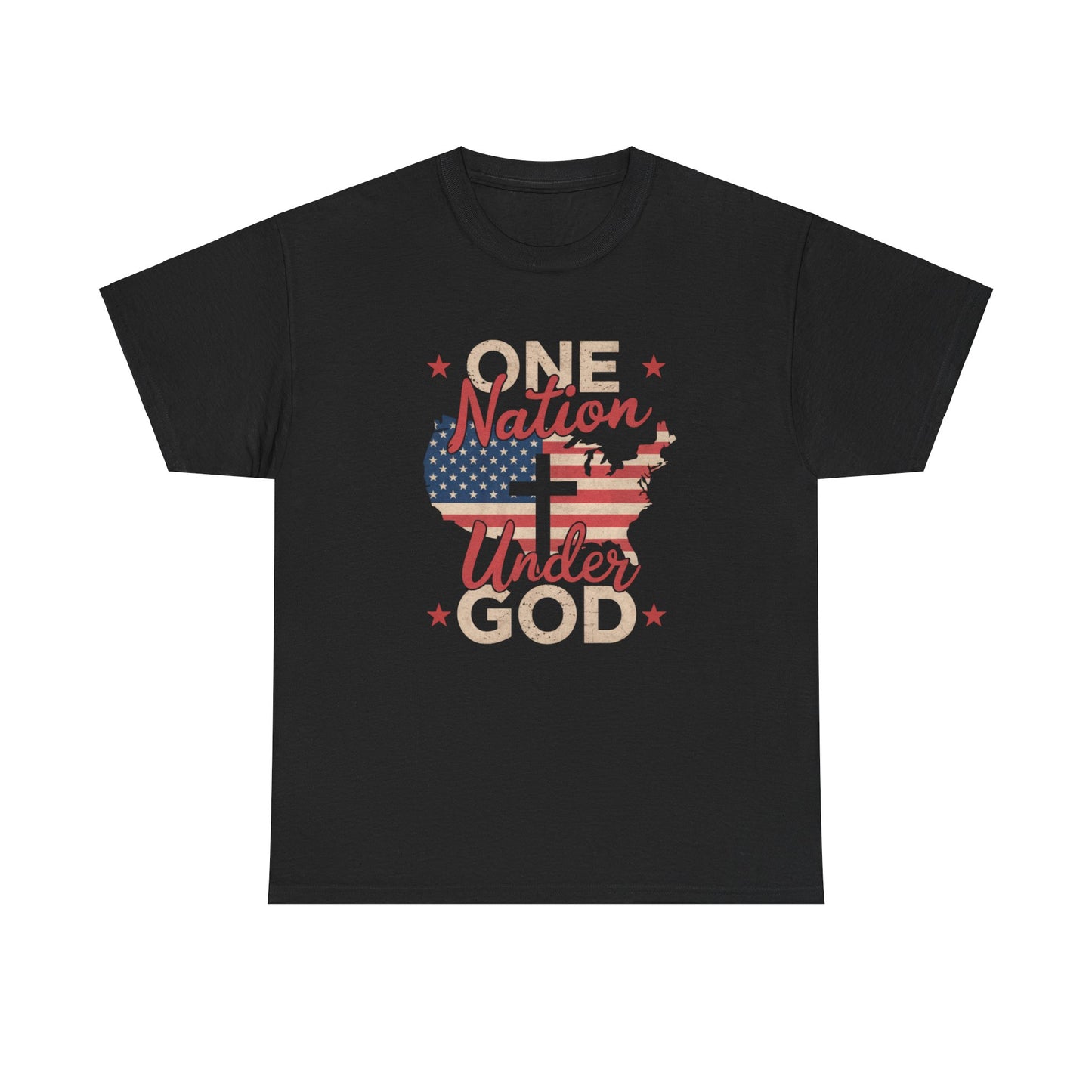 One Nation Under God tee with American flag and cross
