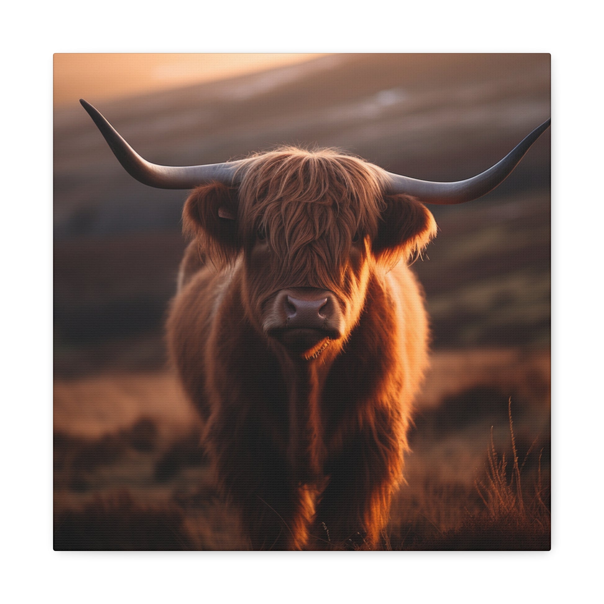 Highland cow canvas print with beautiful countryside
