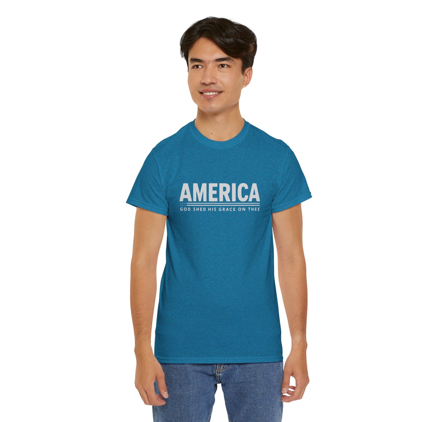 "Patriotic T-Shirt with 'America' and Flag Shapes"