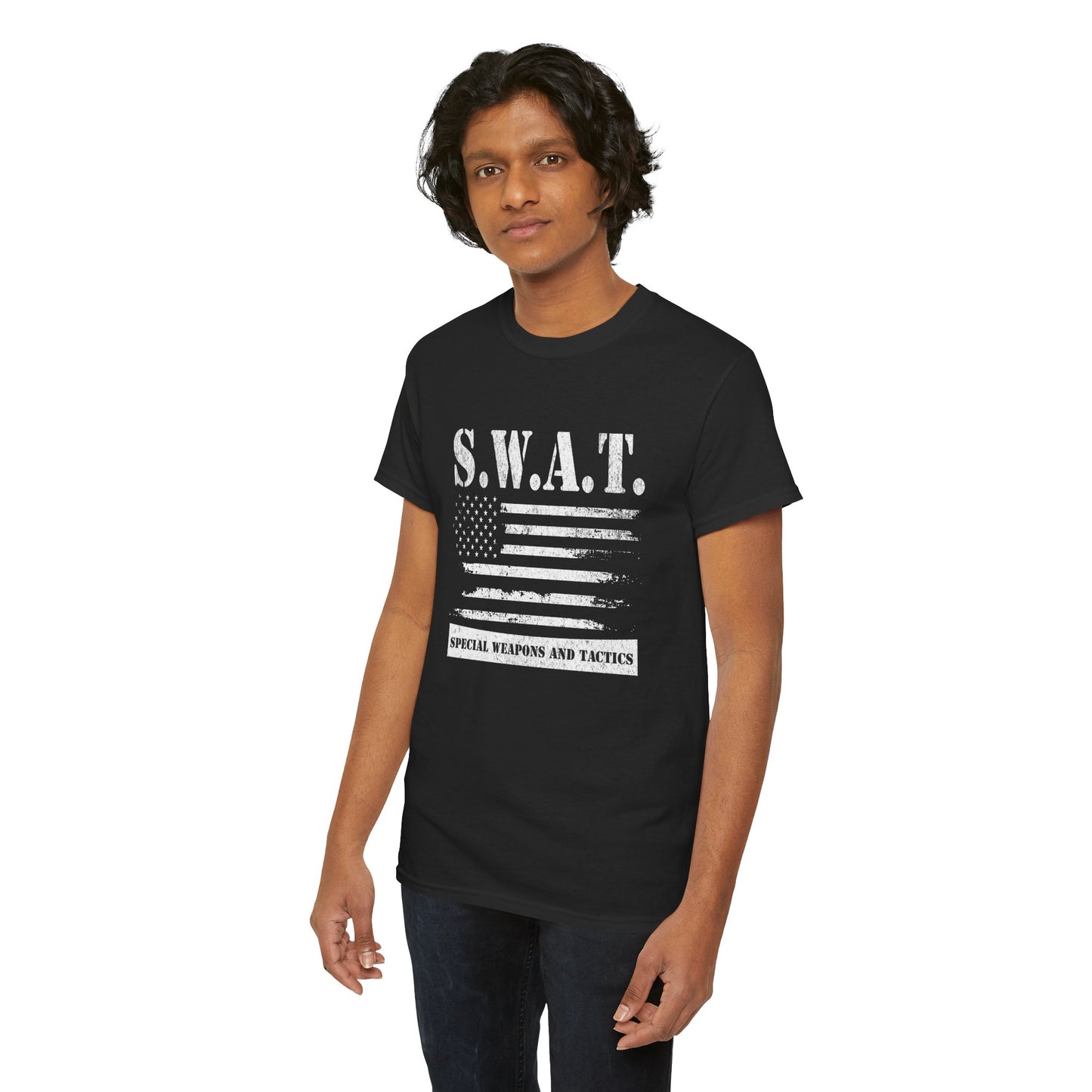 SWAT shirt with rustic American flag graphic for men
