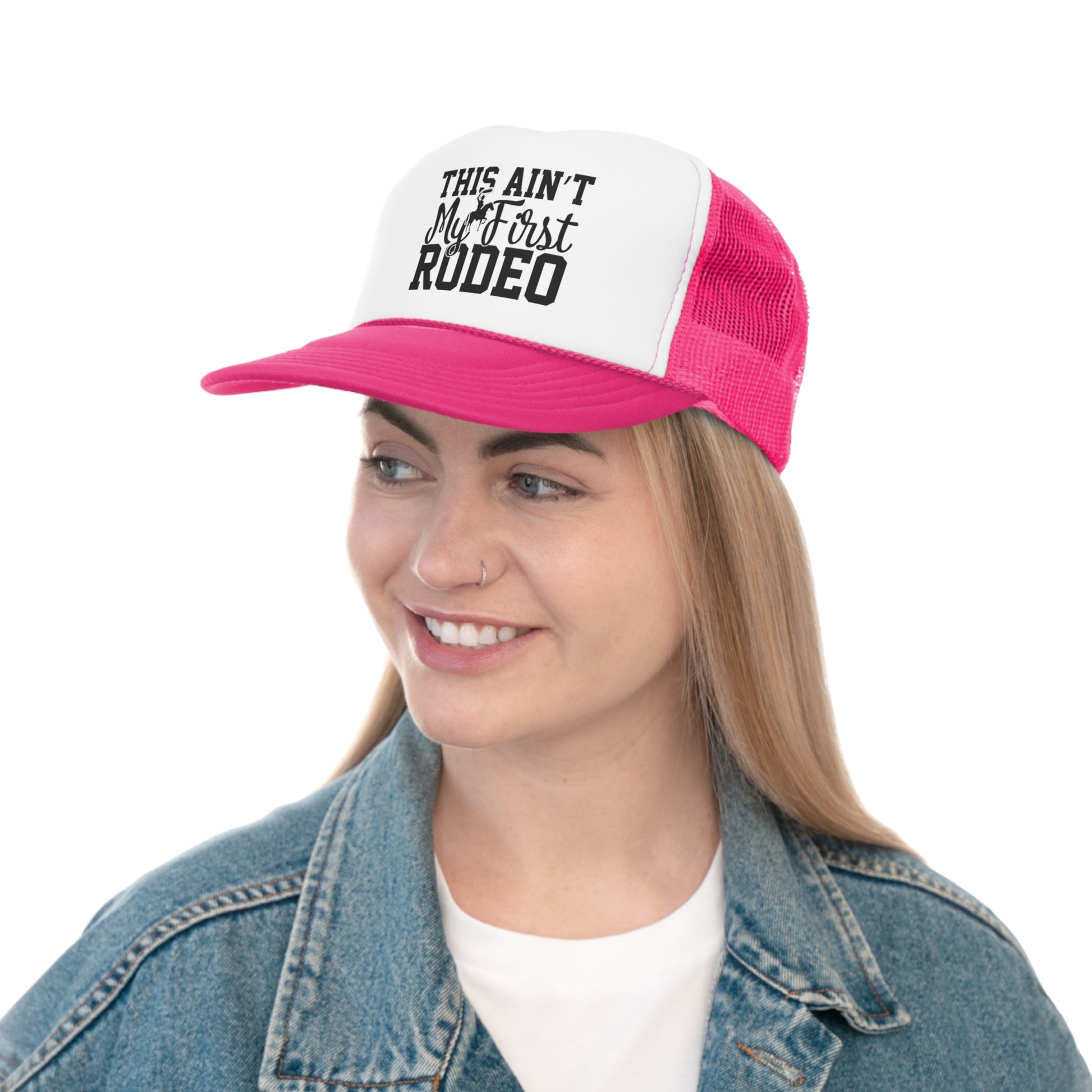 Pink and white women’s Western ball cap with bold rodeo saying
