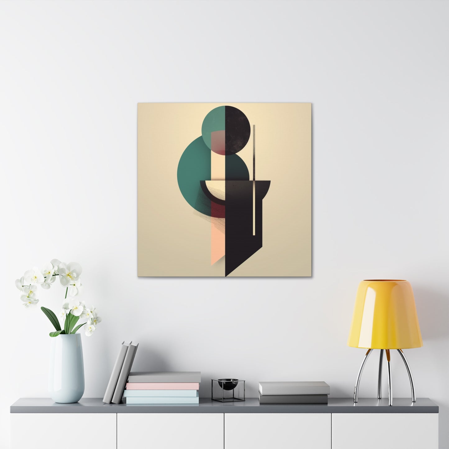 Modern abstract canvas art with teal, black, and beige geometric shapes
