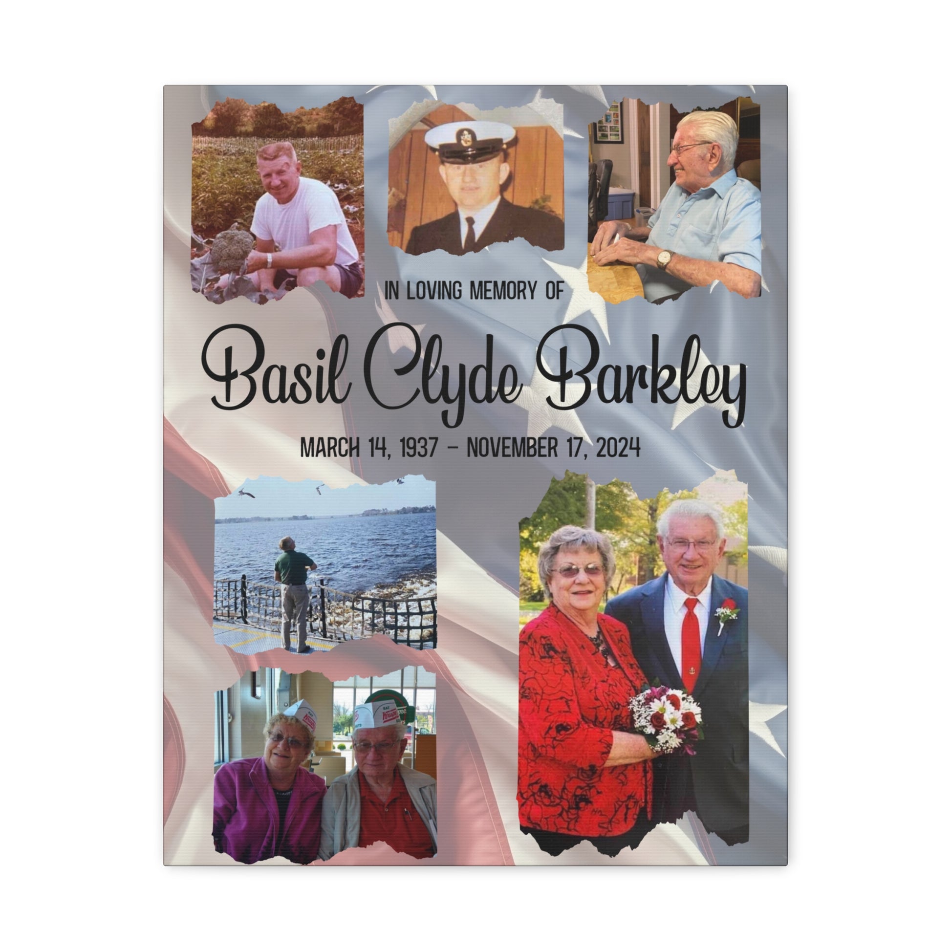 Military funeral service canvas featuring photos and dates
