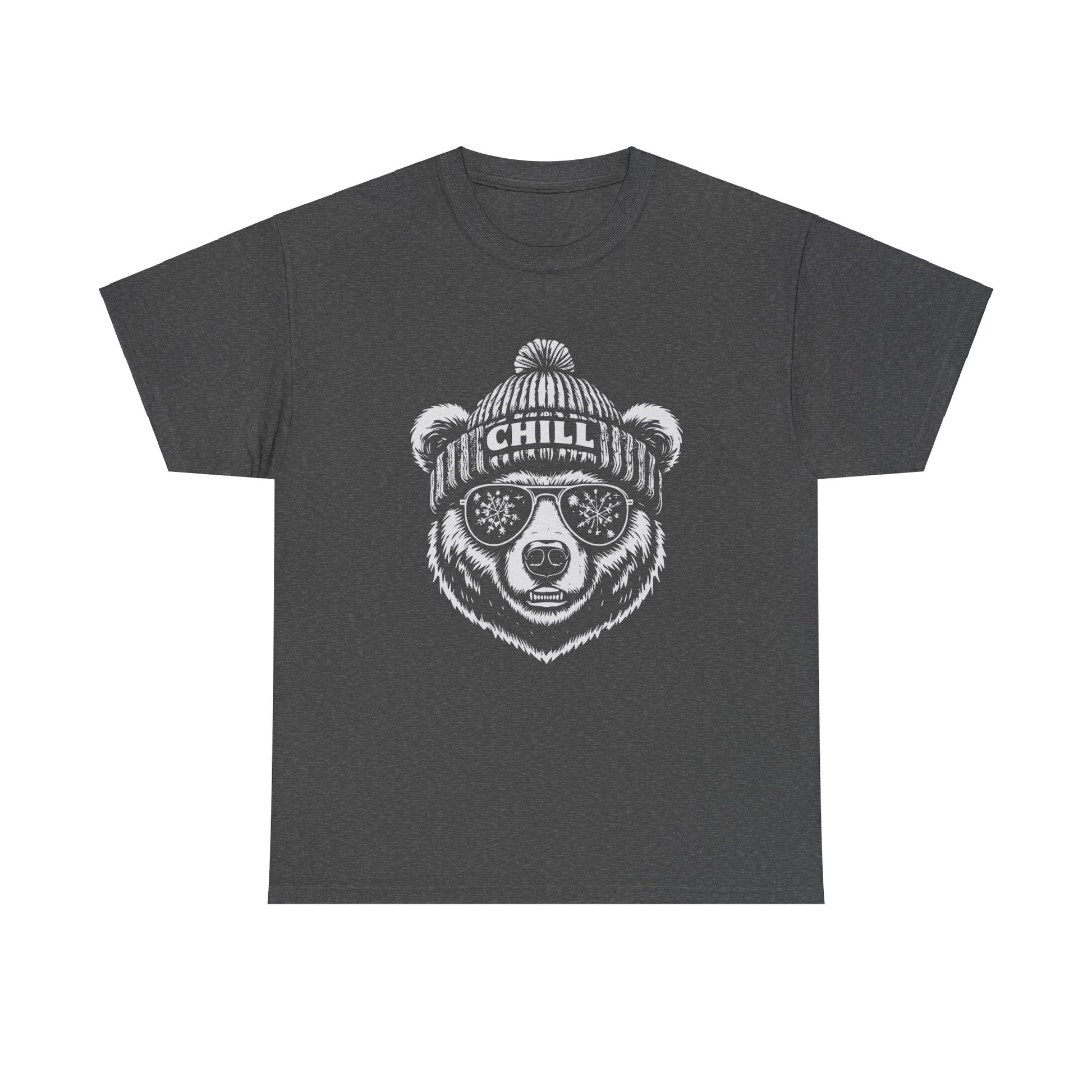 Bear with snowflake sunglasses and "Chill" stocking cap t-shirt
