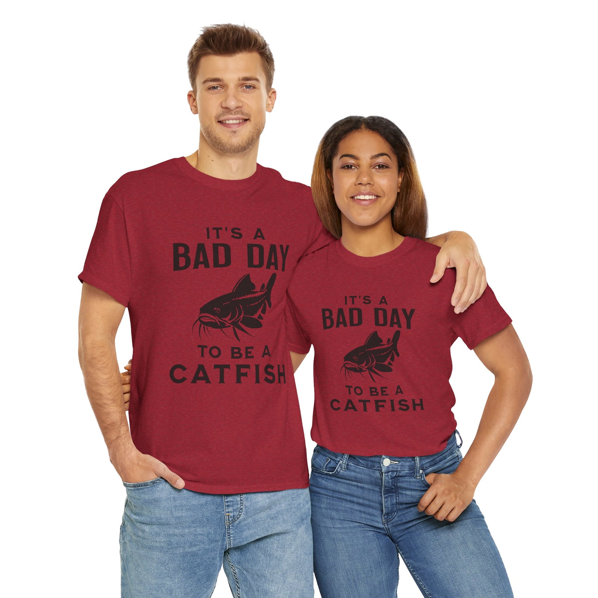 Men’s fishing T-shirt with "It’s a Bad Day to Be a Catfish" design
