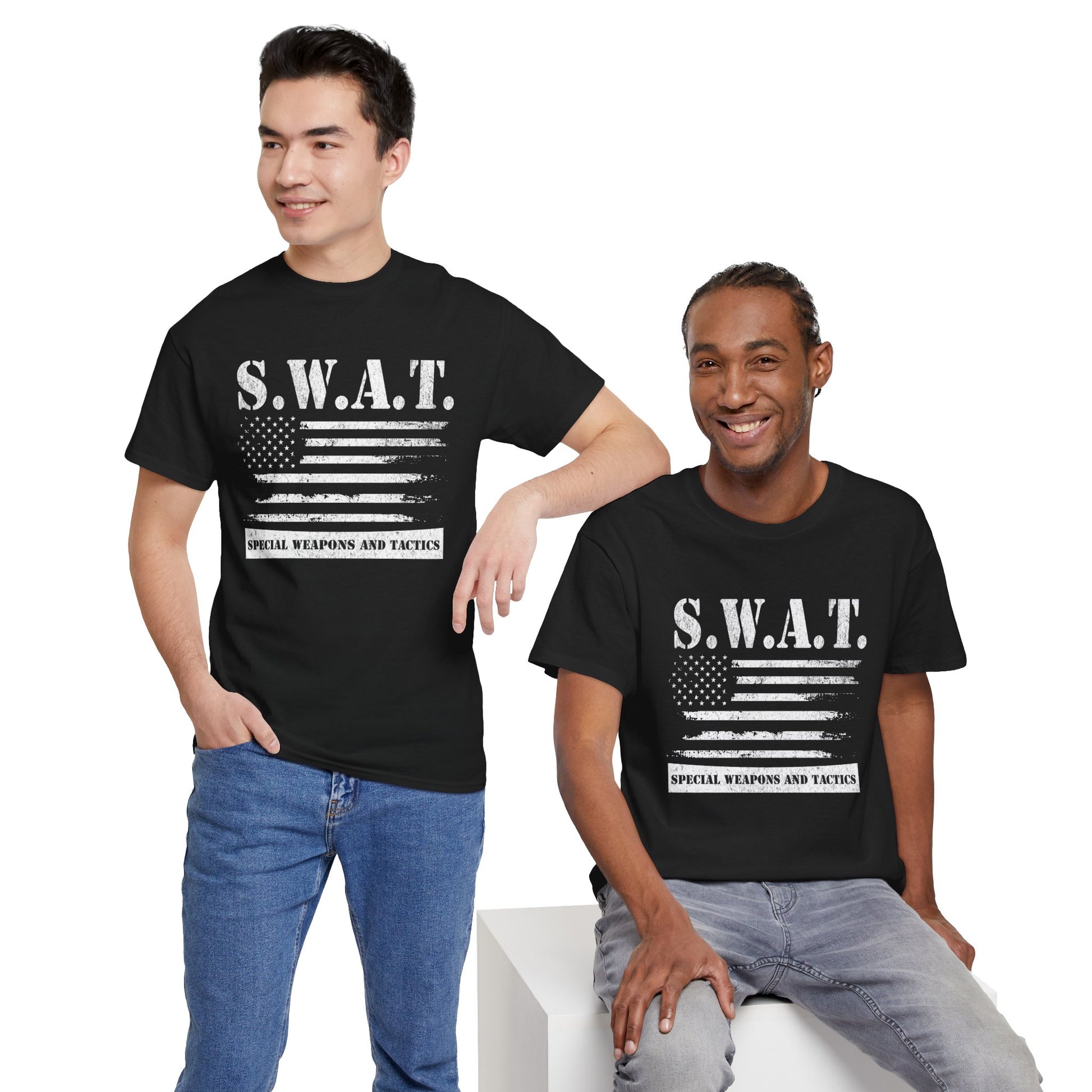 Tactical SWAT shirt with patriotic flag and bold SWAT design
