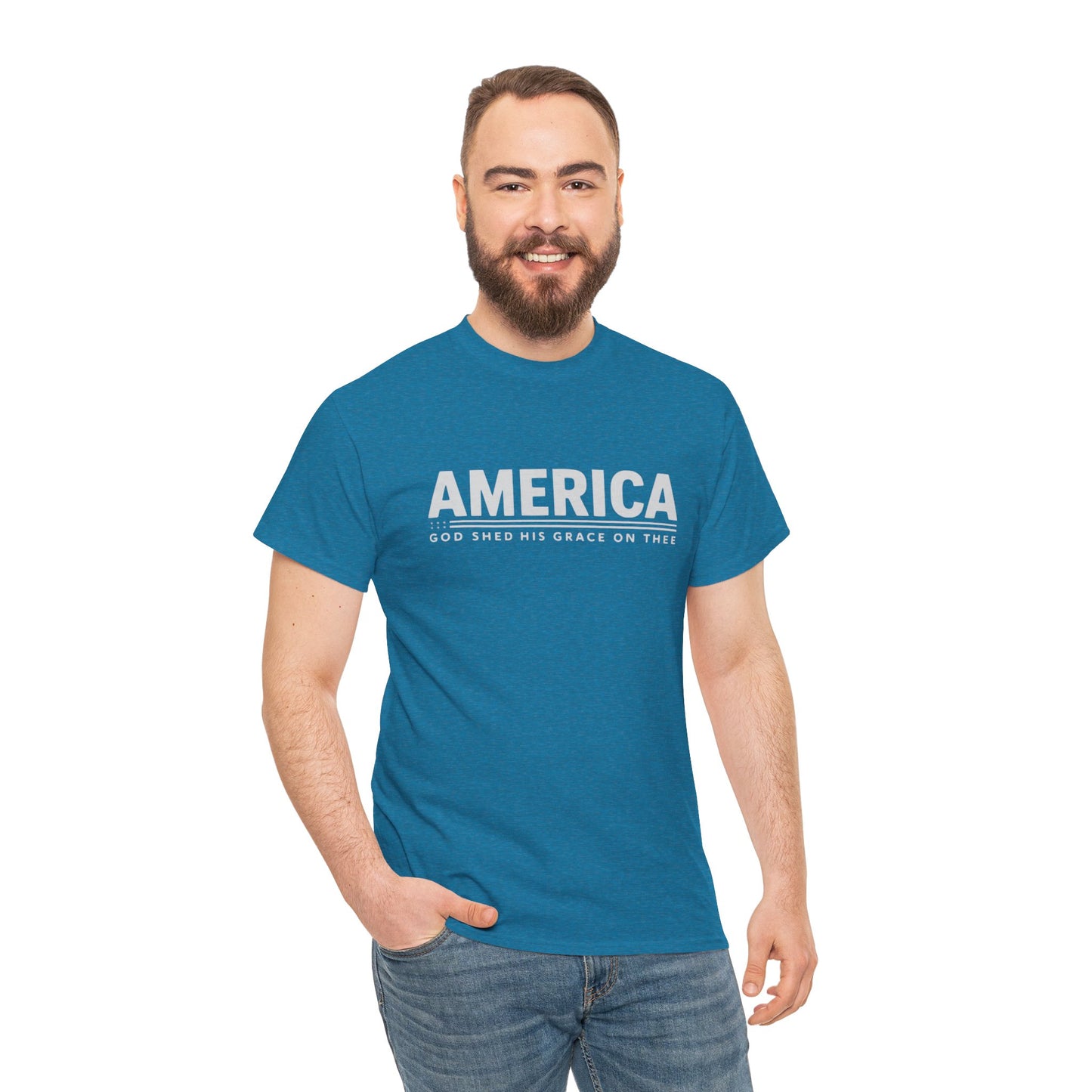 "Patriotic T-Shirt with 'America' and Flag Shapes"