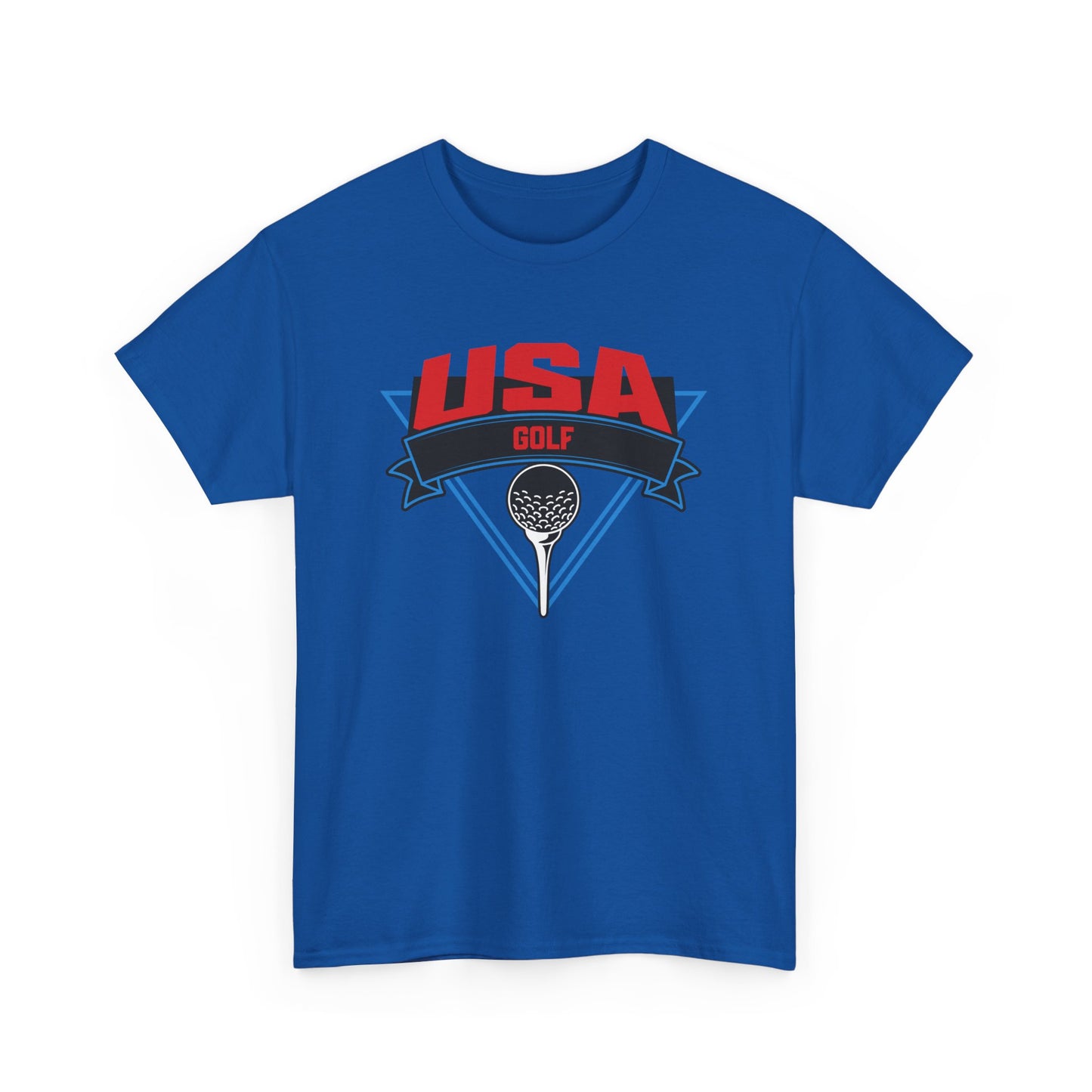 Golf ball on tee USA golf t-shirt with red, white, and blue
