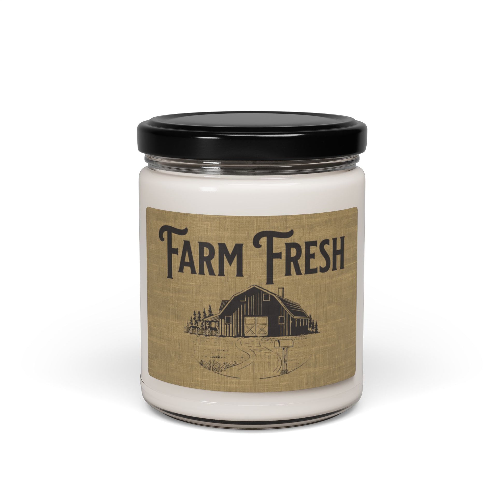 Farm house candle with brown rustic background and country text
