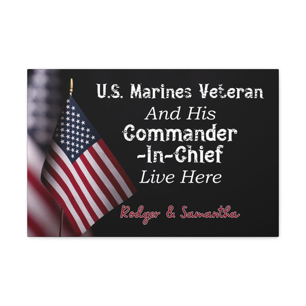 Personalized US Marine veteran canvas art with American flag background
