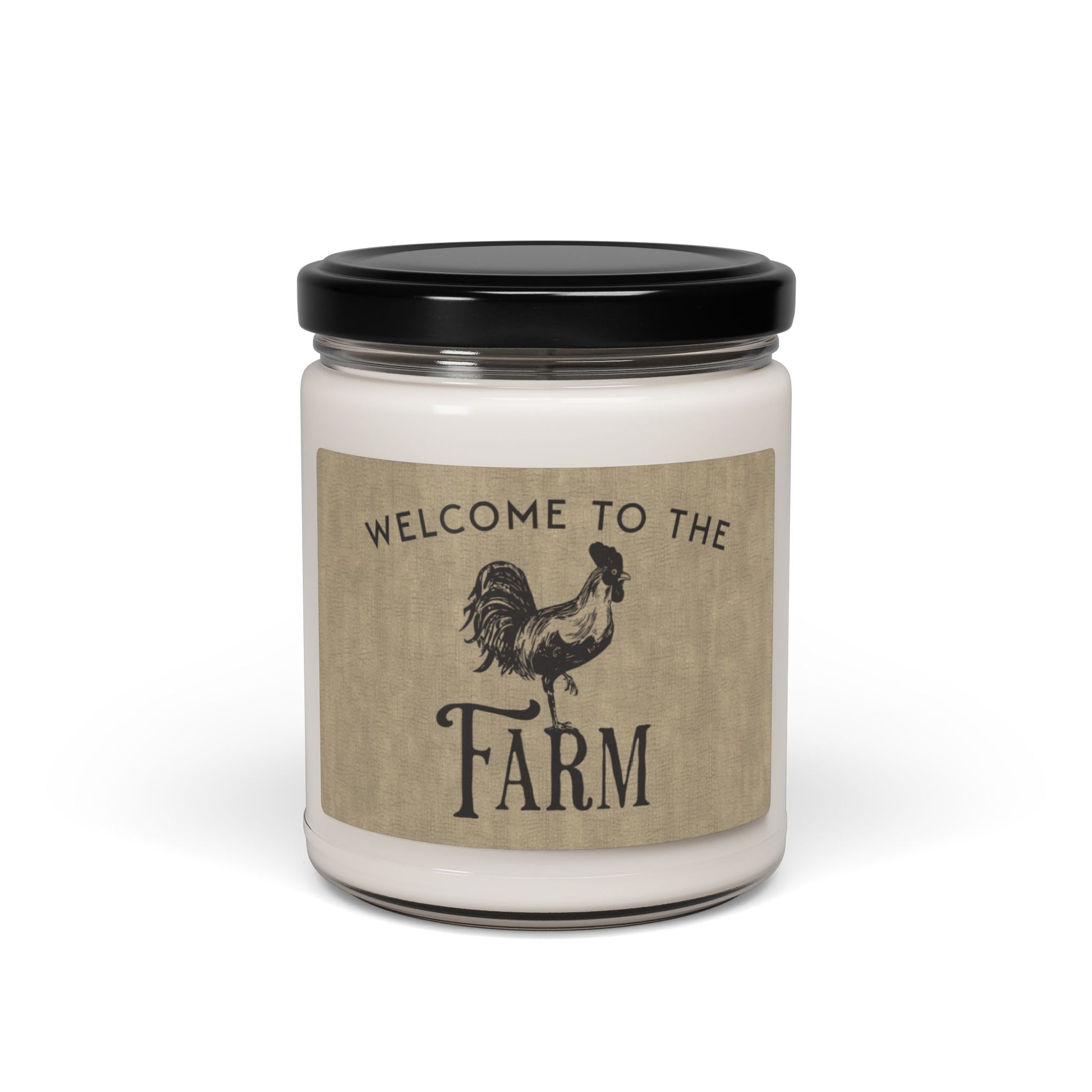 Farmhouse candle with rooster graphic and Welcome to the Farm text
