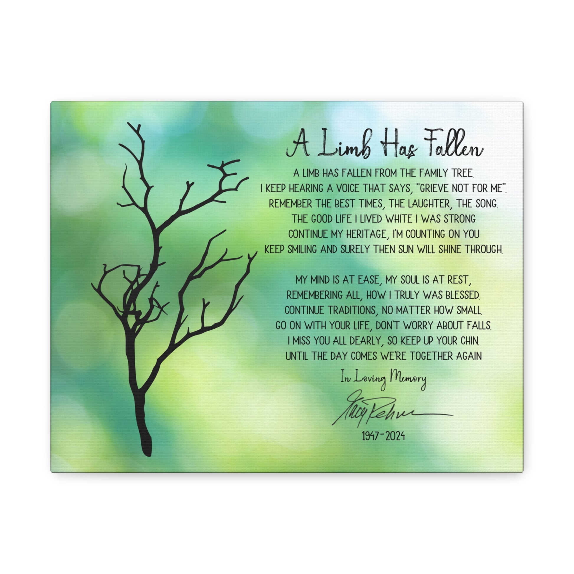 Customizable "A Limb Has Fallen" funeral tribute wall art
