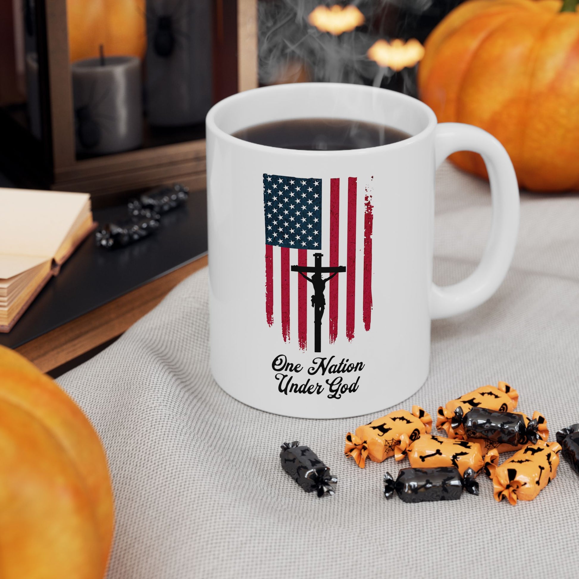 Christian coffee mug with cross and patriotic flag design
