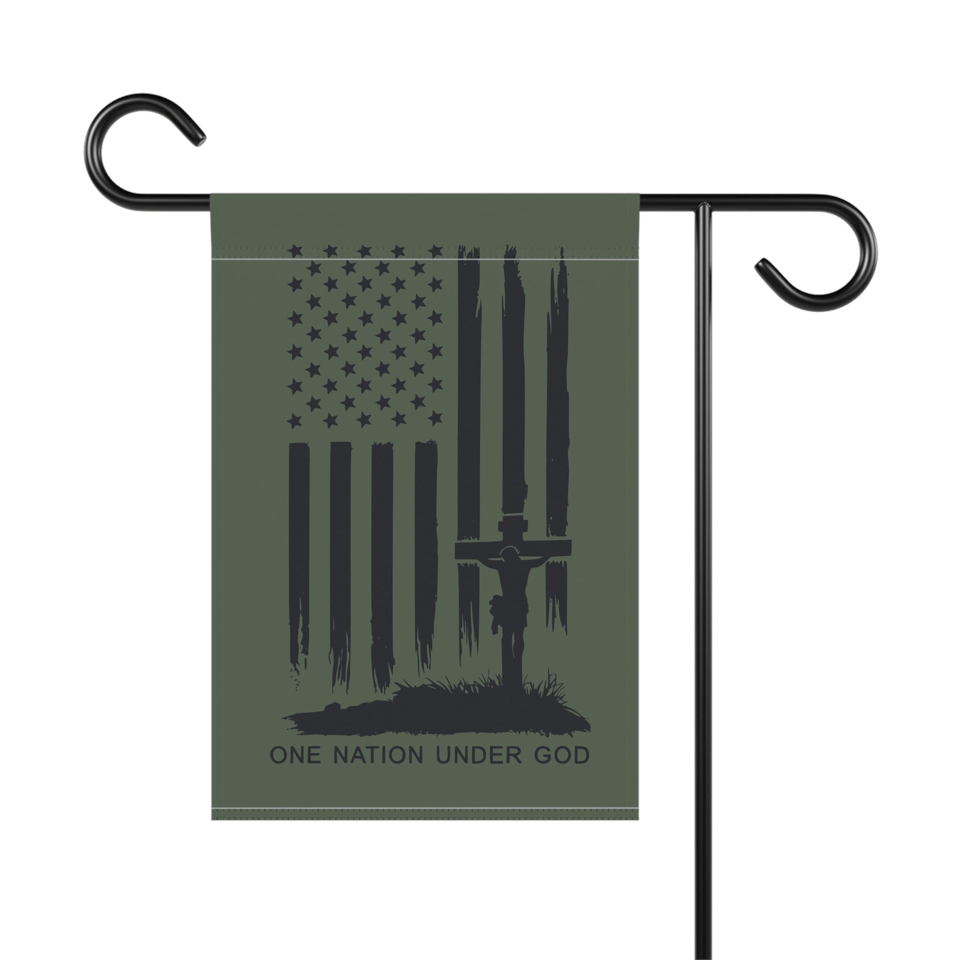 American flag design with Jesus on the cross illustration on garden flag.
