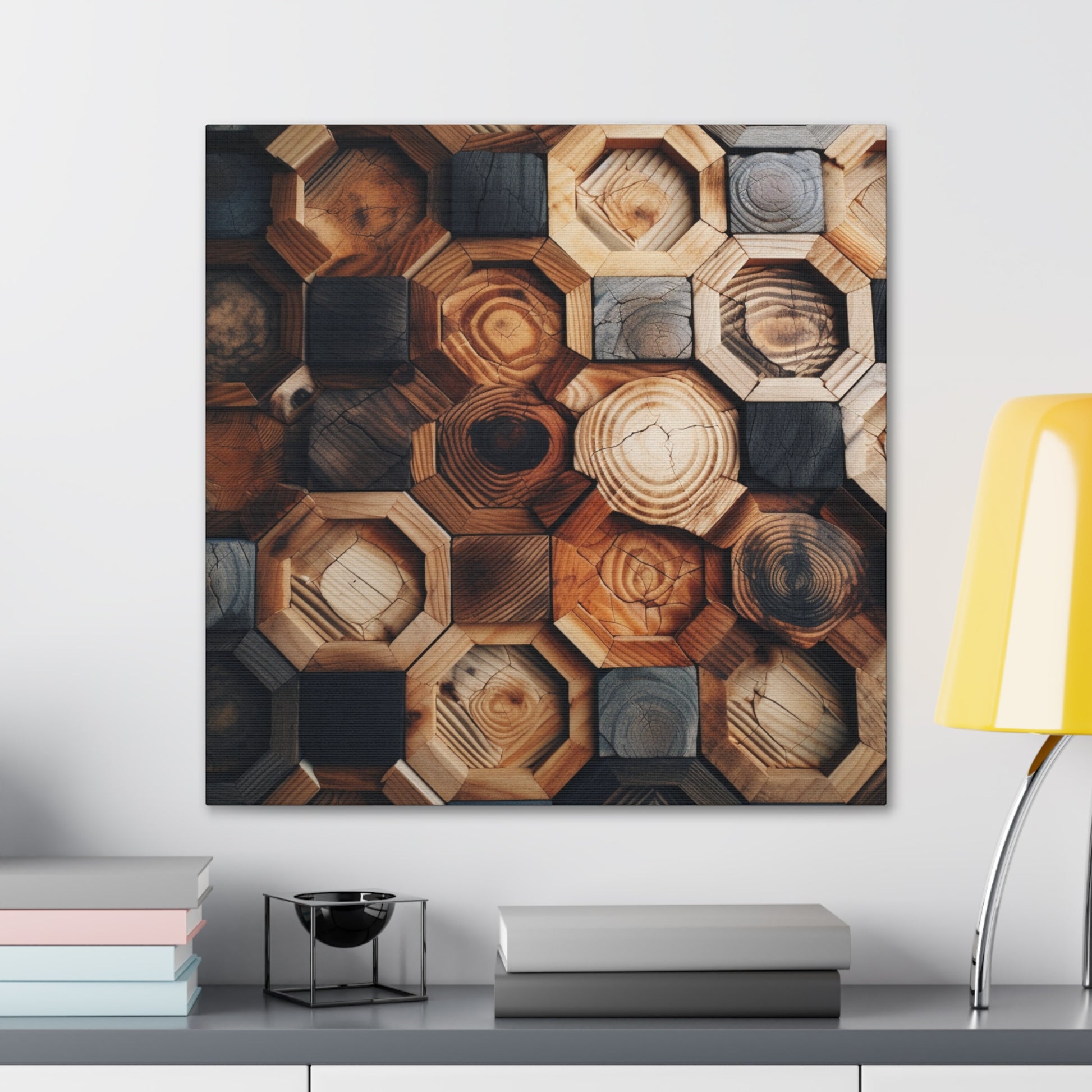 Wood-inspired geometric wall decor on canvas
