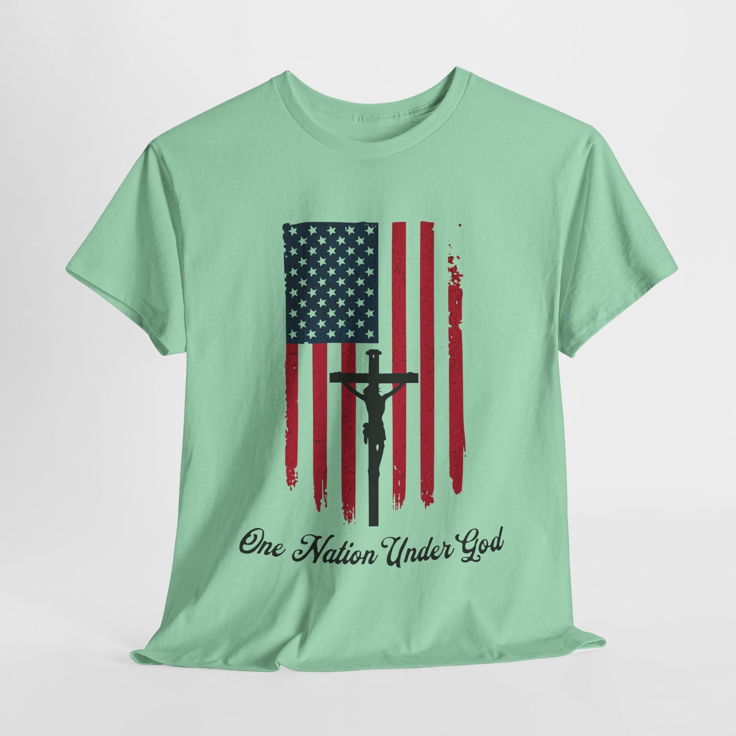 Distressed flag shirt with cross and "One Nation Under God" text
