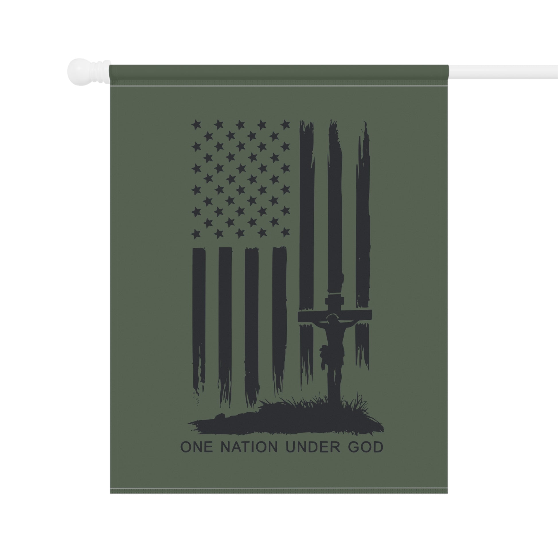 Durable outdoor flag featuring Jesus on the cross within the American flag.
