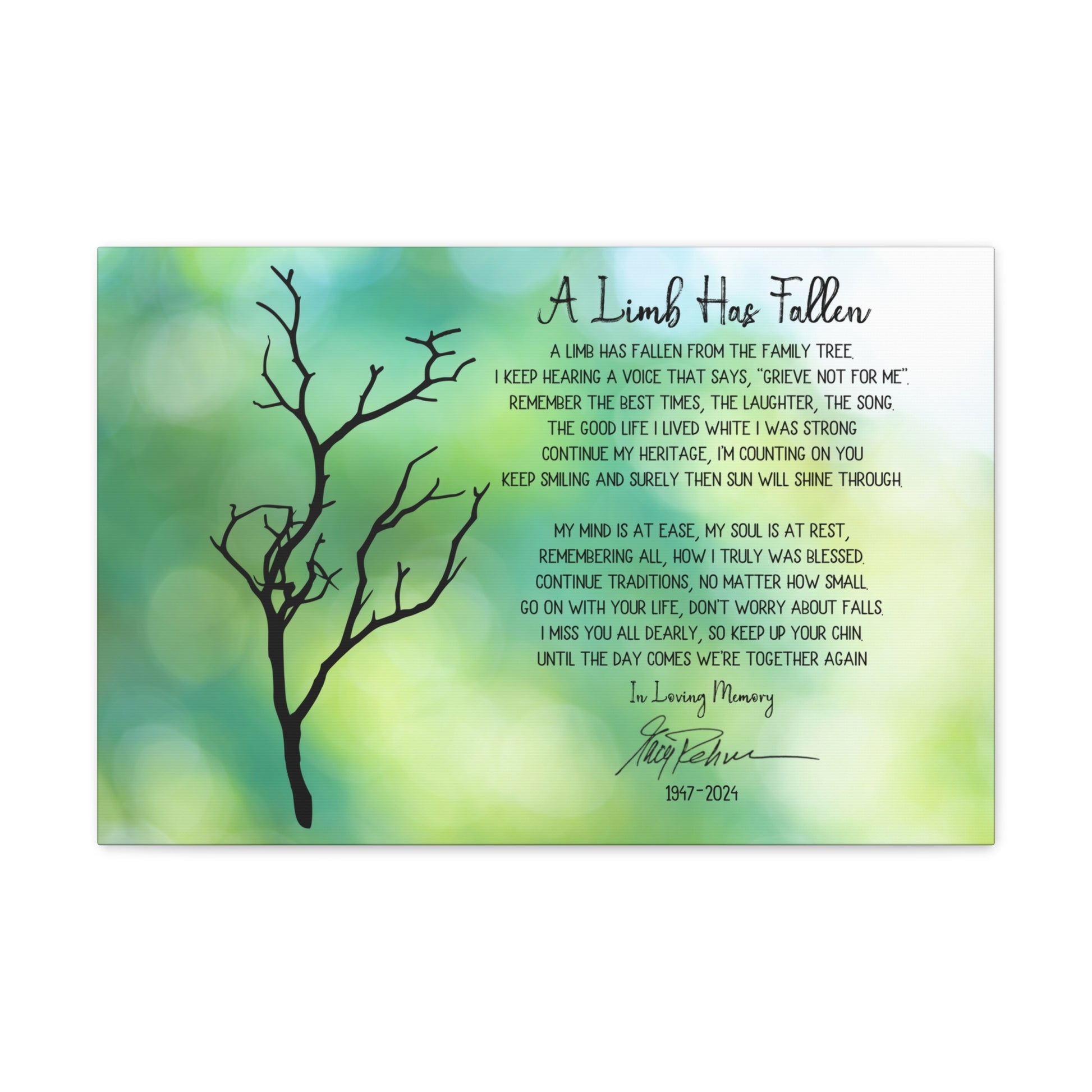 Memorial canvas print with tree branch and poem for remembrance
