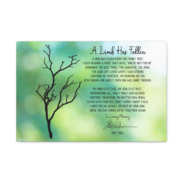 Memorial canvas print with tree branch and poem for remembrance
