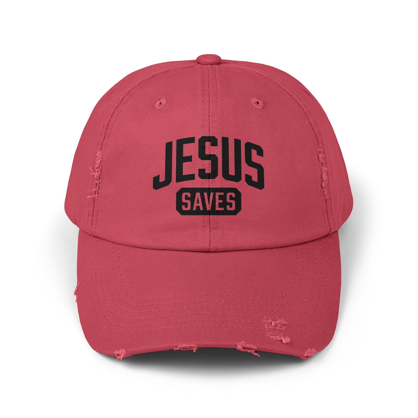 Red Jesus Saves hat with adjustable strap and metal slider.
