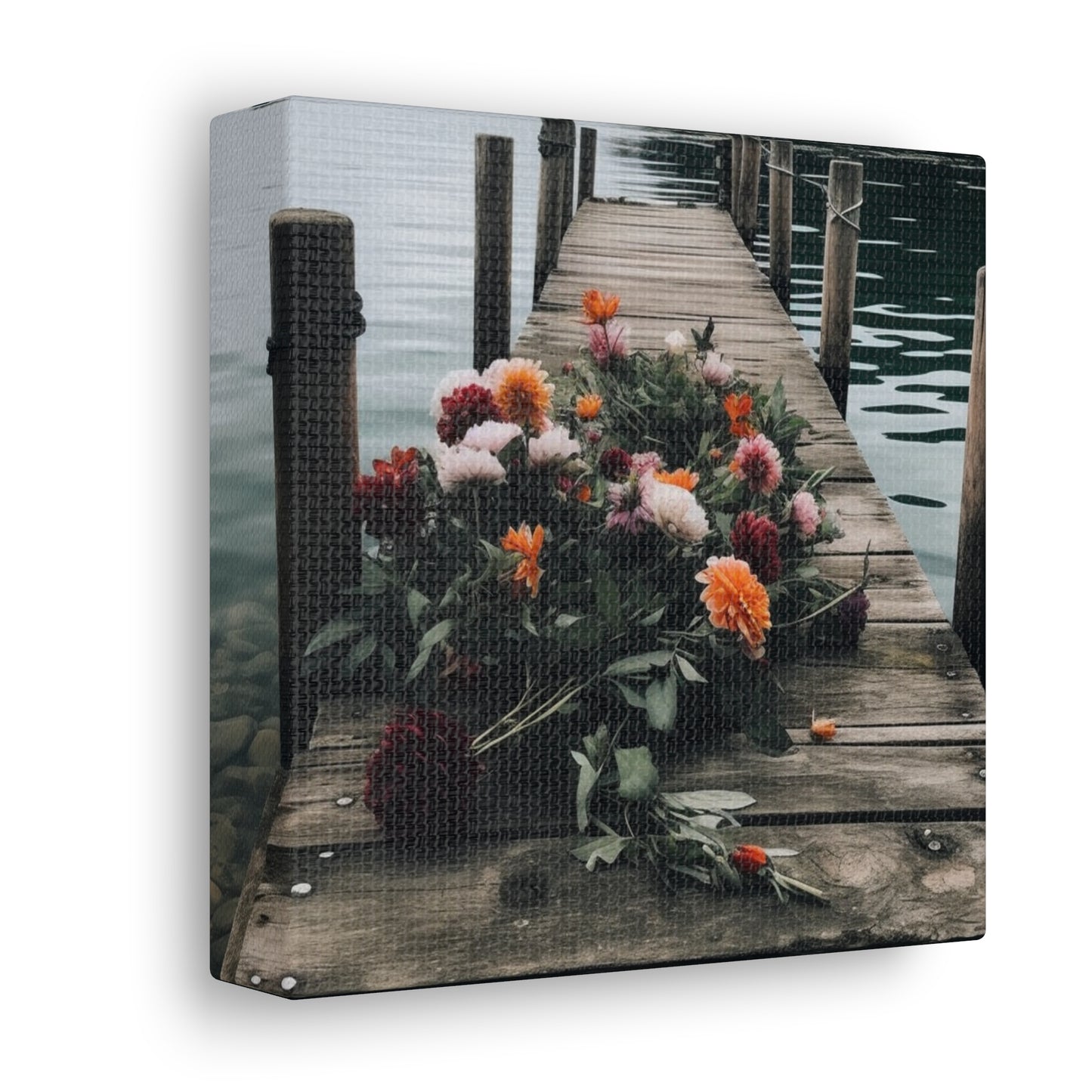 Peaceful lake and dock wall art with rustic bouquet of flowers
