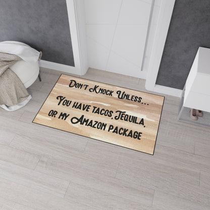 "Funny taco door mat with non-slip backing."