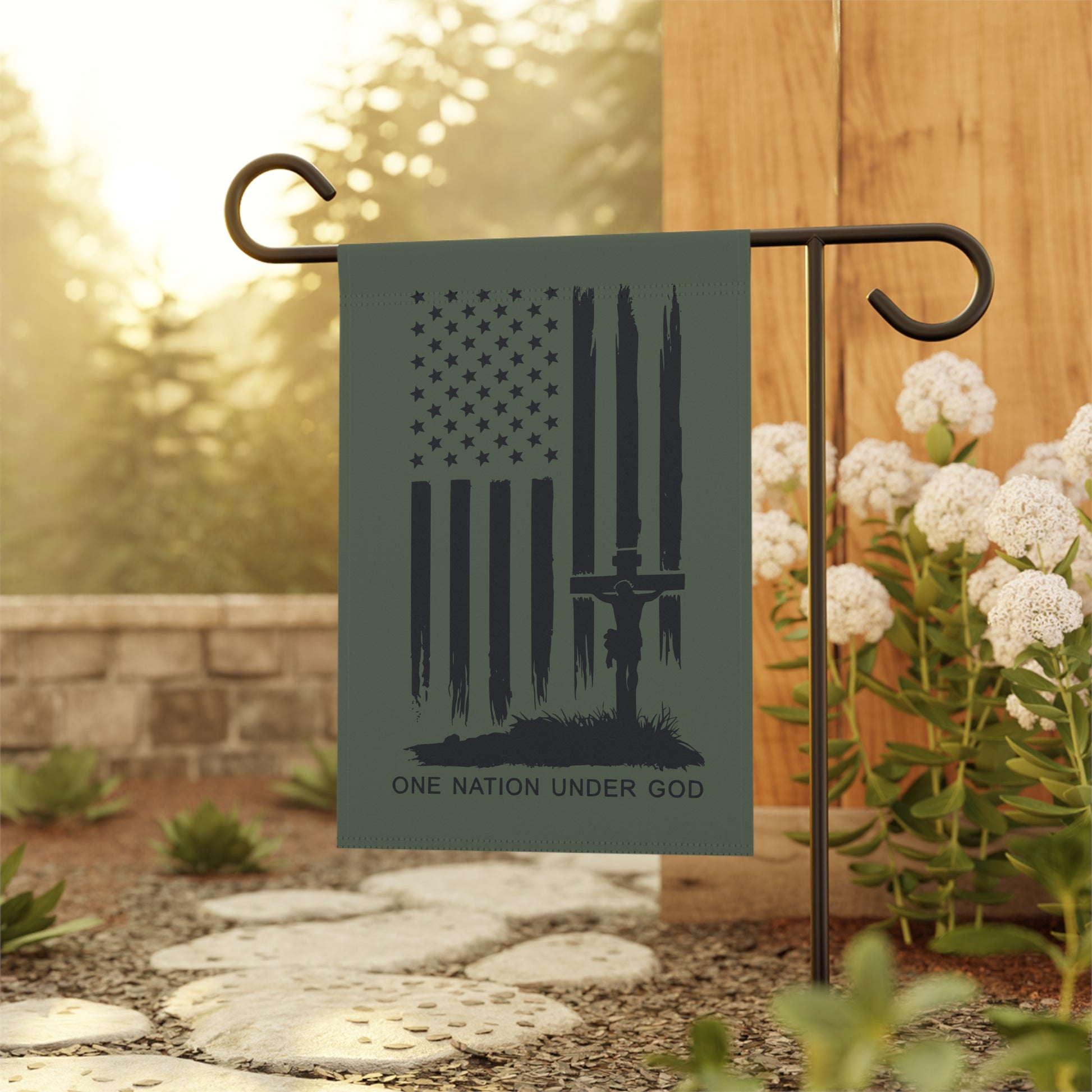 Patriotic garden banner featuring “One Nation Under God” text.
