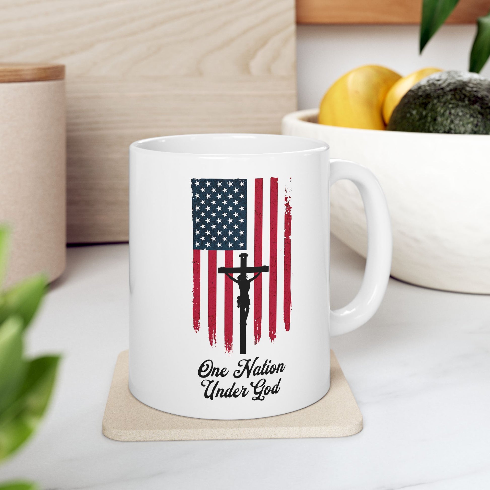 One Nation Under God mug with American flag and cross graphic
