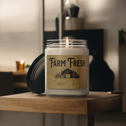 Farm Fresh candle with rustic fabric texture and barn scene
