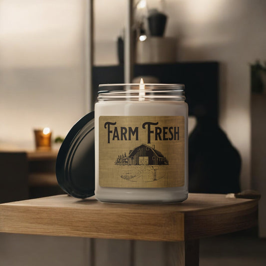 Farm Fresh candle with rustic fabric texture and barn scene
