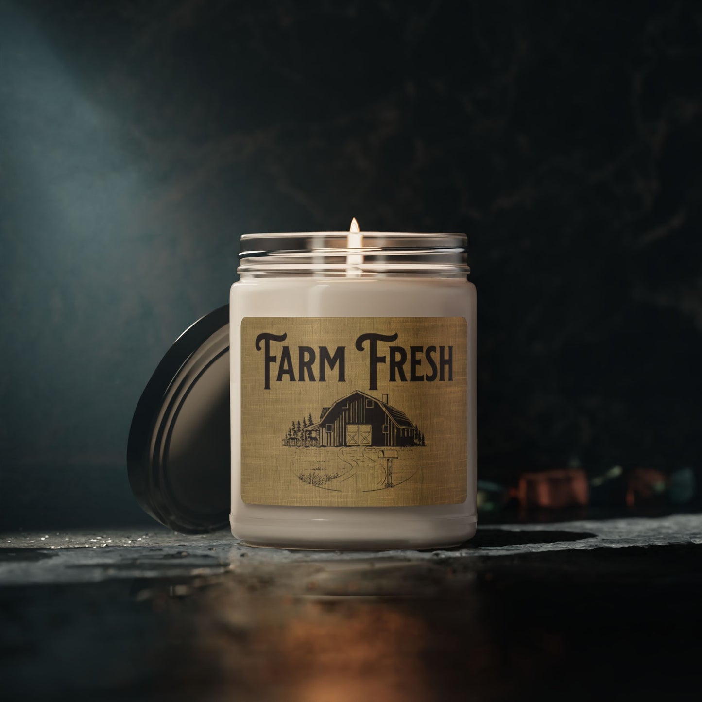 Rustic farm fresh candle with brown texture and farmhouse font
