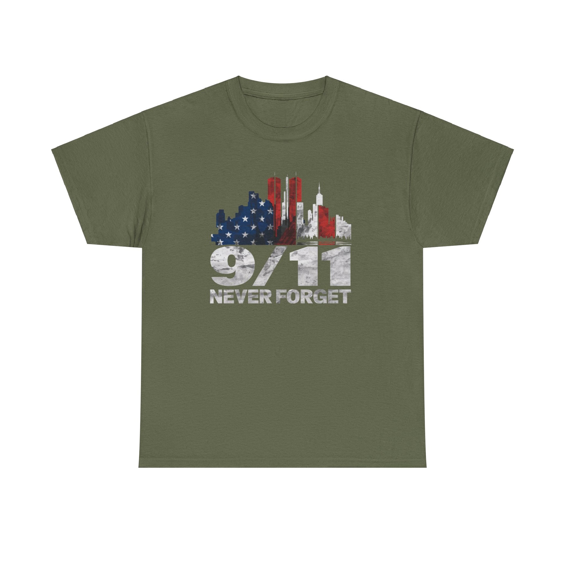 Dark color t-shirt with 9/11 never forget design
