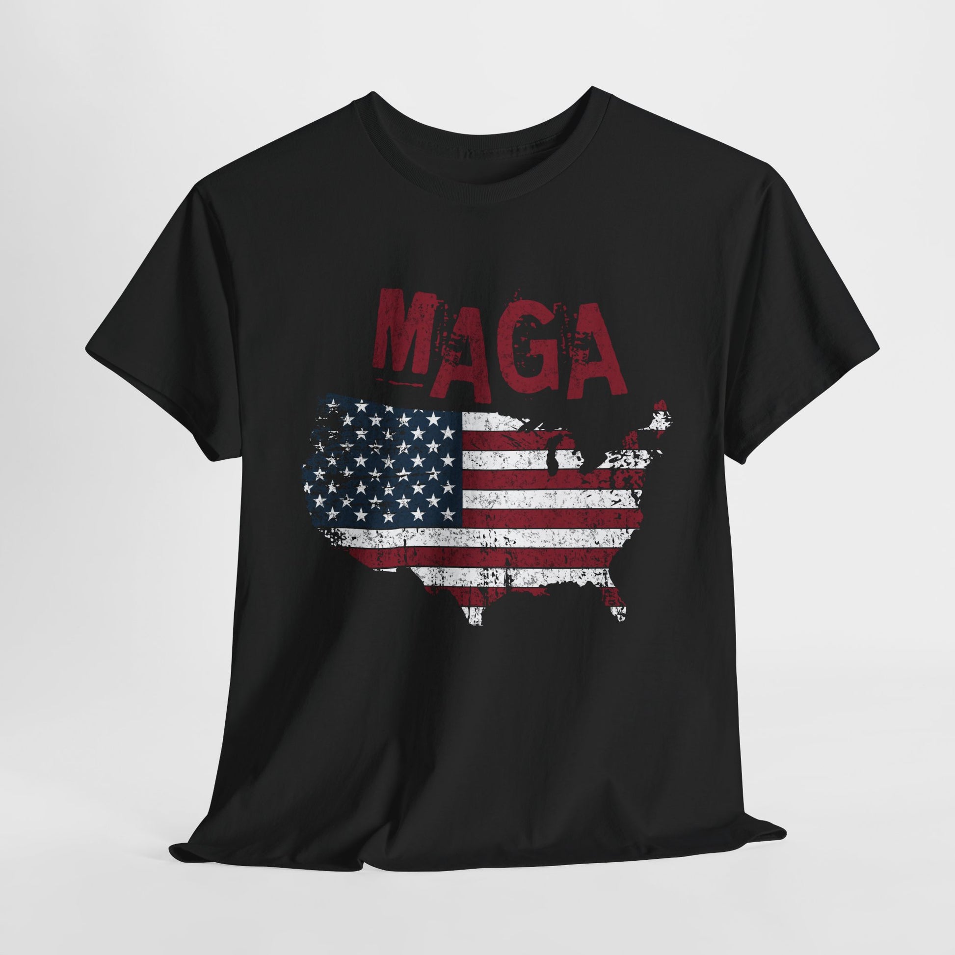 MAGA shirt with bold USA flag graphic and rustic lettering
