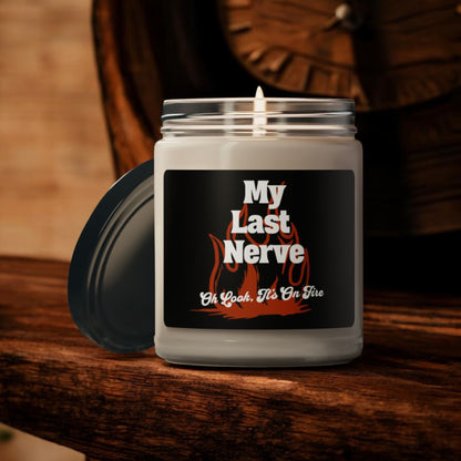 My Last Nerve candle with flame graphic and funny text
