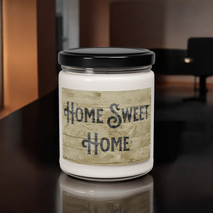 Home Sweet Home candle with rustic wood background and black text
