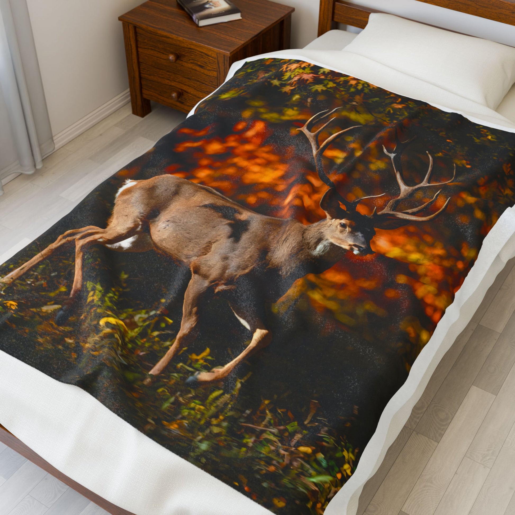 Hunting-themed throw blanket styled with rustic decor
