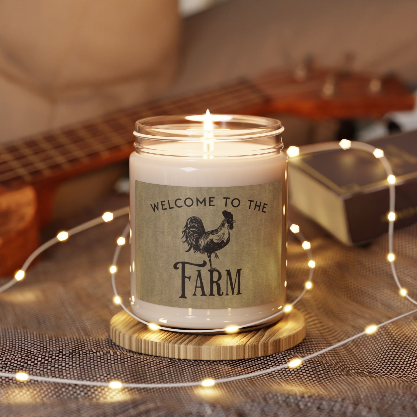 Rustic candle with large rooster and farm message
