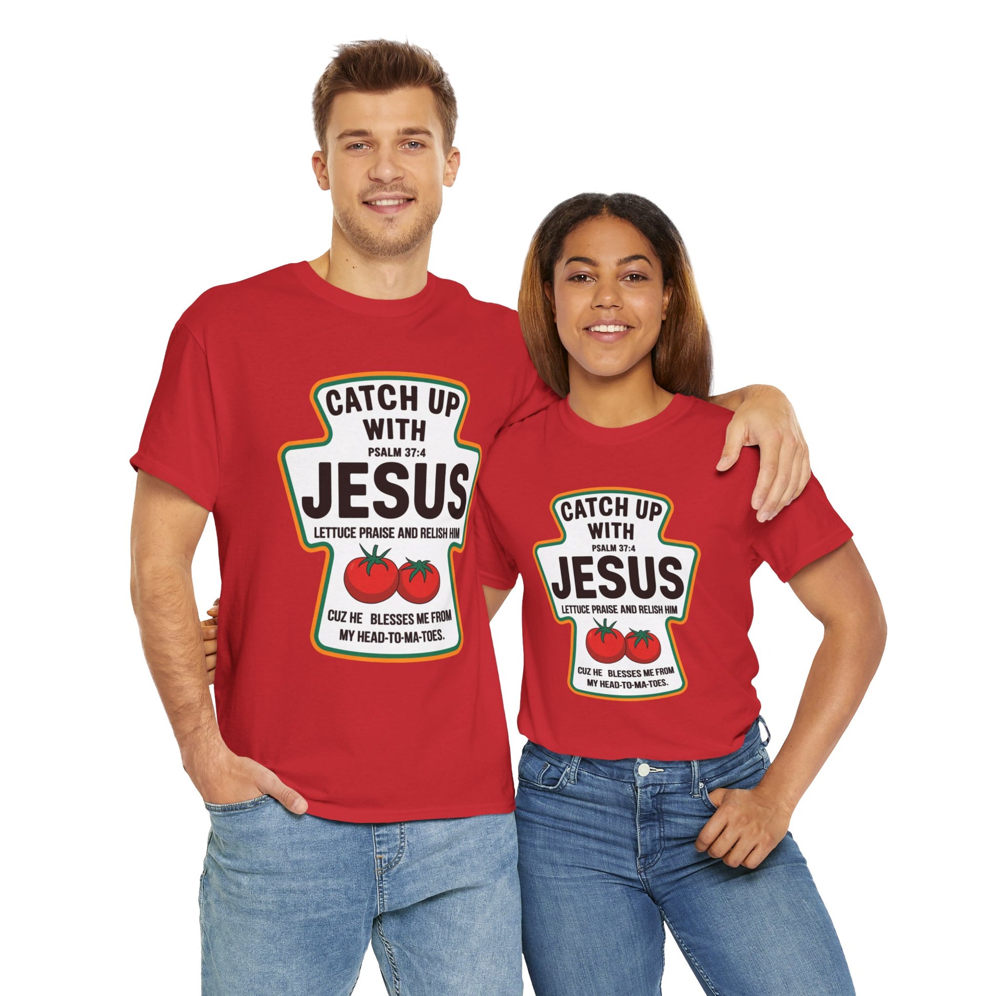 Ketchup-themed Jesus shirt, lettuce praise and relish Him design
