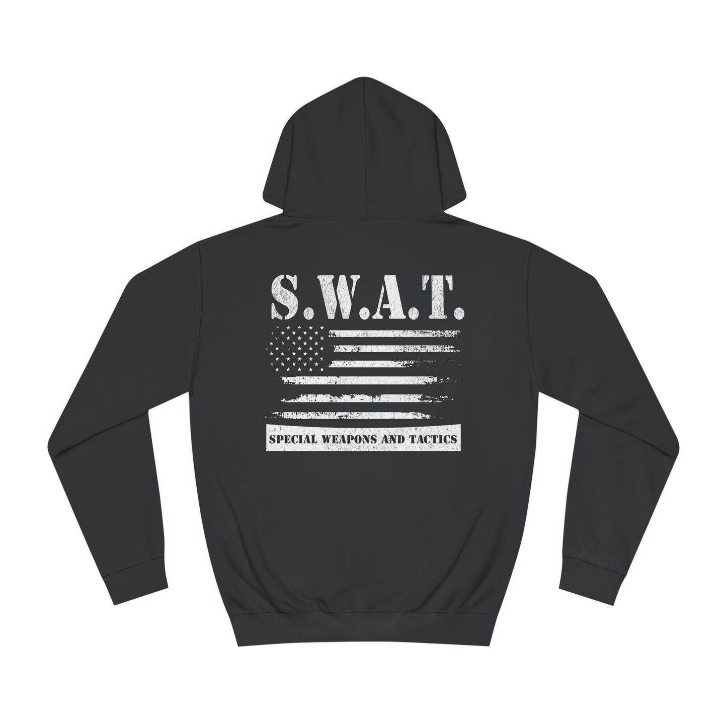 Black SWAT team hoodie with American flag graphic on back
