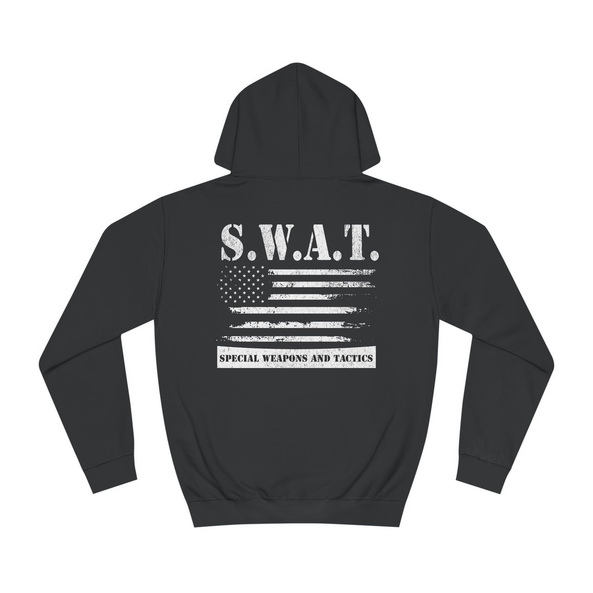 Black SWAT team hoodie with American flag graphic on back
