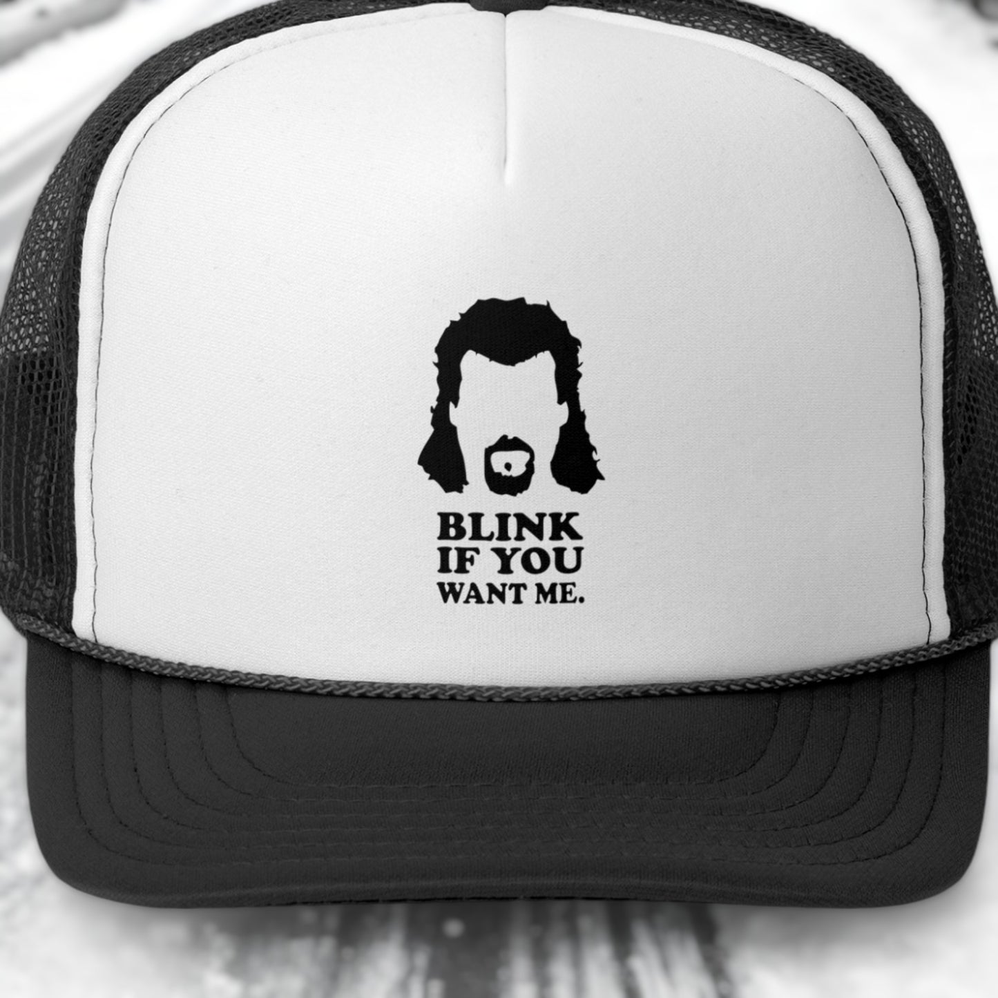 Funny mullet hat with Blink If You Want Me text
