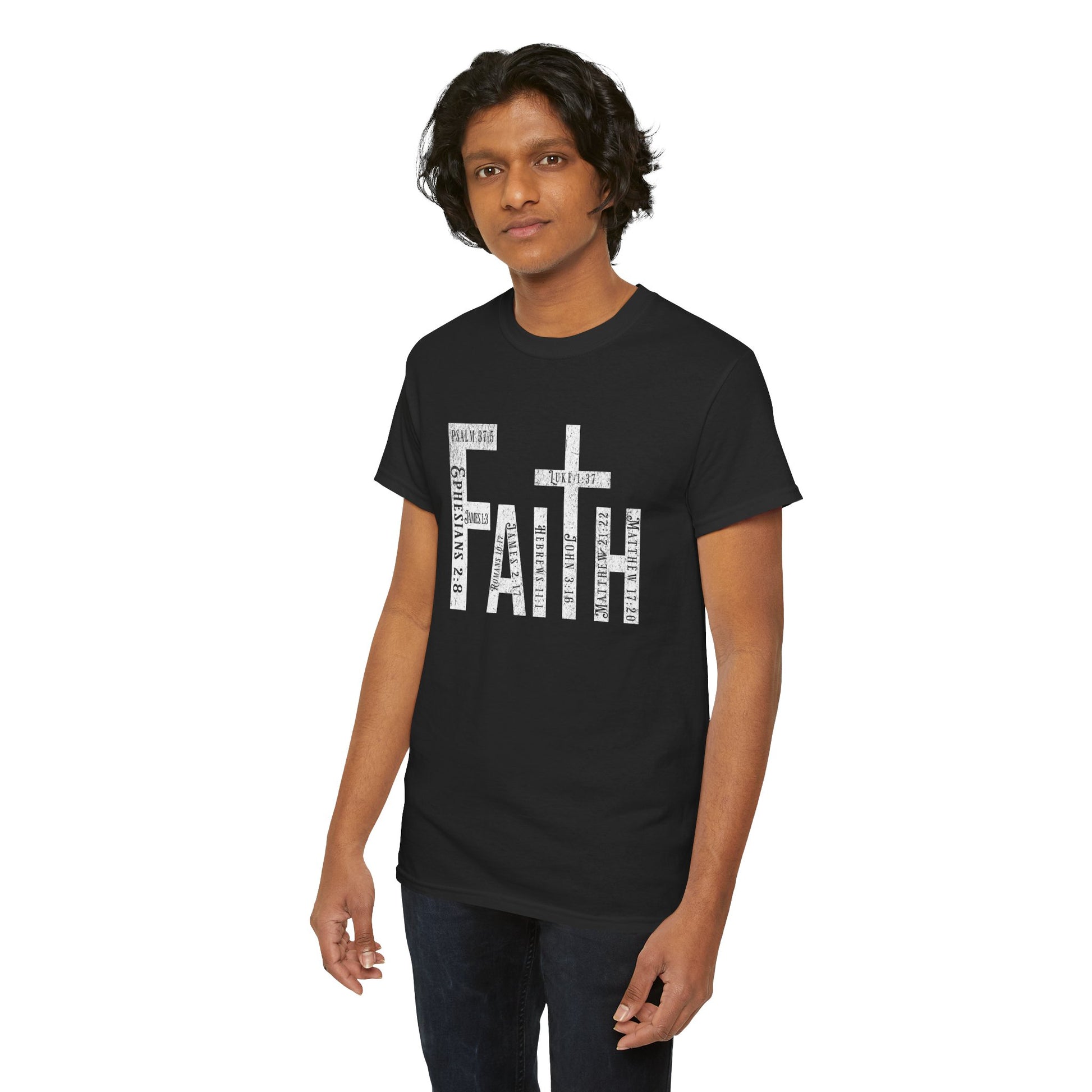 Christian clothing featuring Bible verse-filled “Faith” design.
