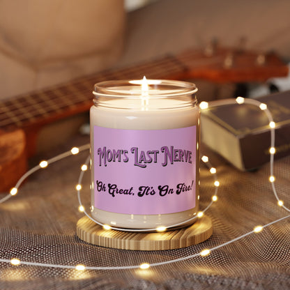 Funny mom candle with pink background and purple outline font
